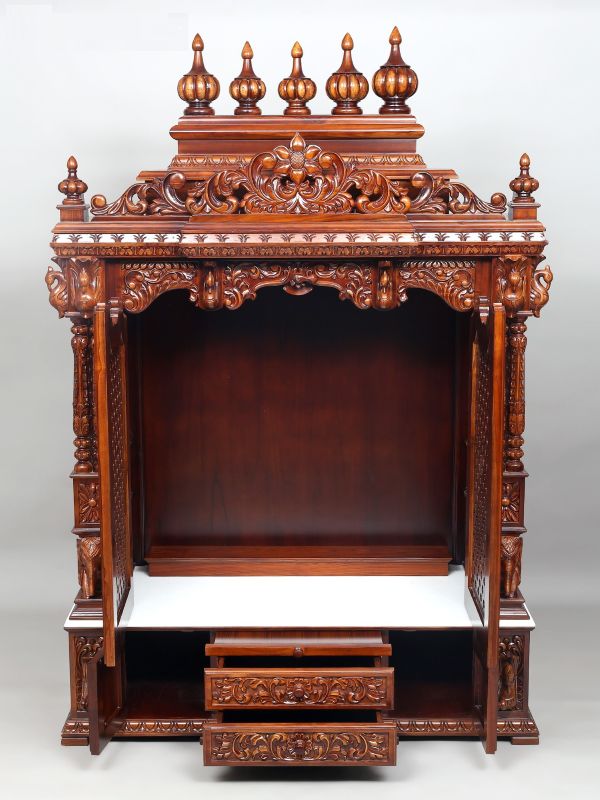 Handmade large teak wood carving pooja mandir for home in UK 48-21-72 inches 2 teak carving mandir