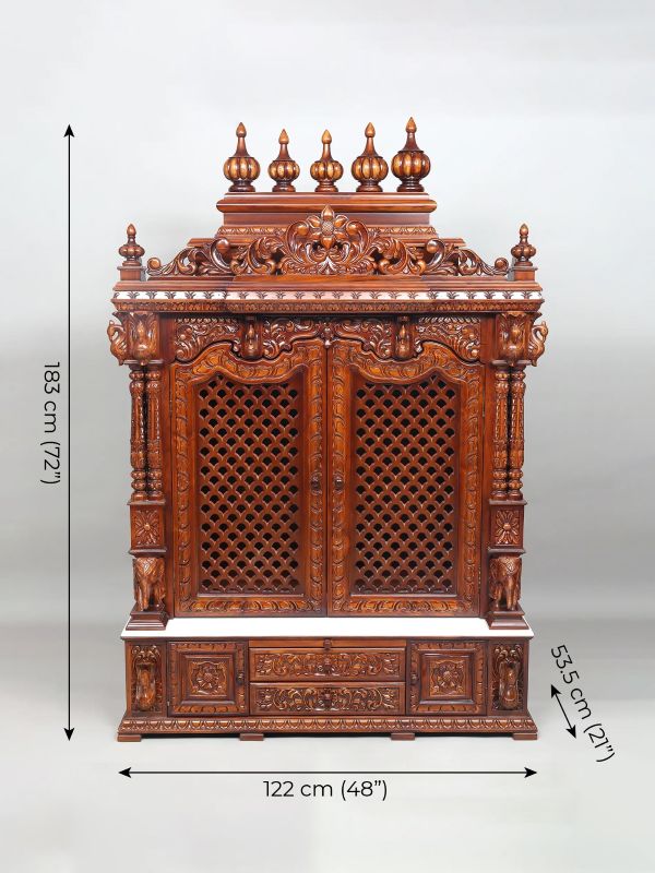 Handmade large teak wood carving pooja mandir for home in UK 48-21-72 inches 3 teak wood mandap